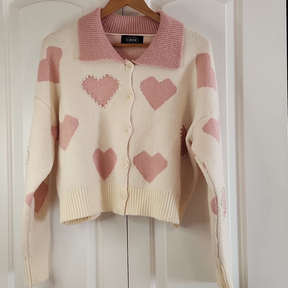Cider Cream and Pink Heart Cardigan